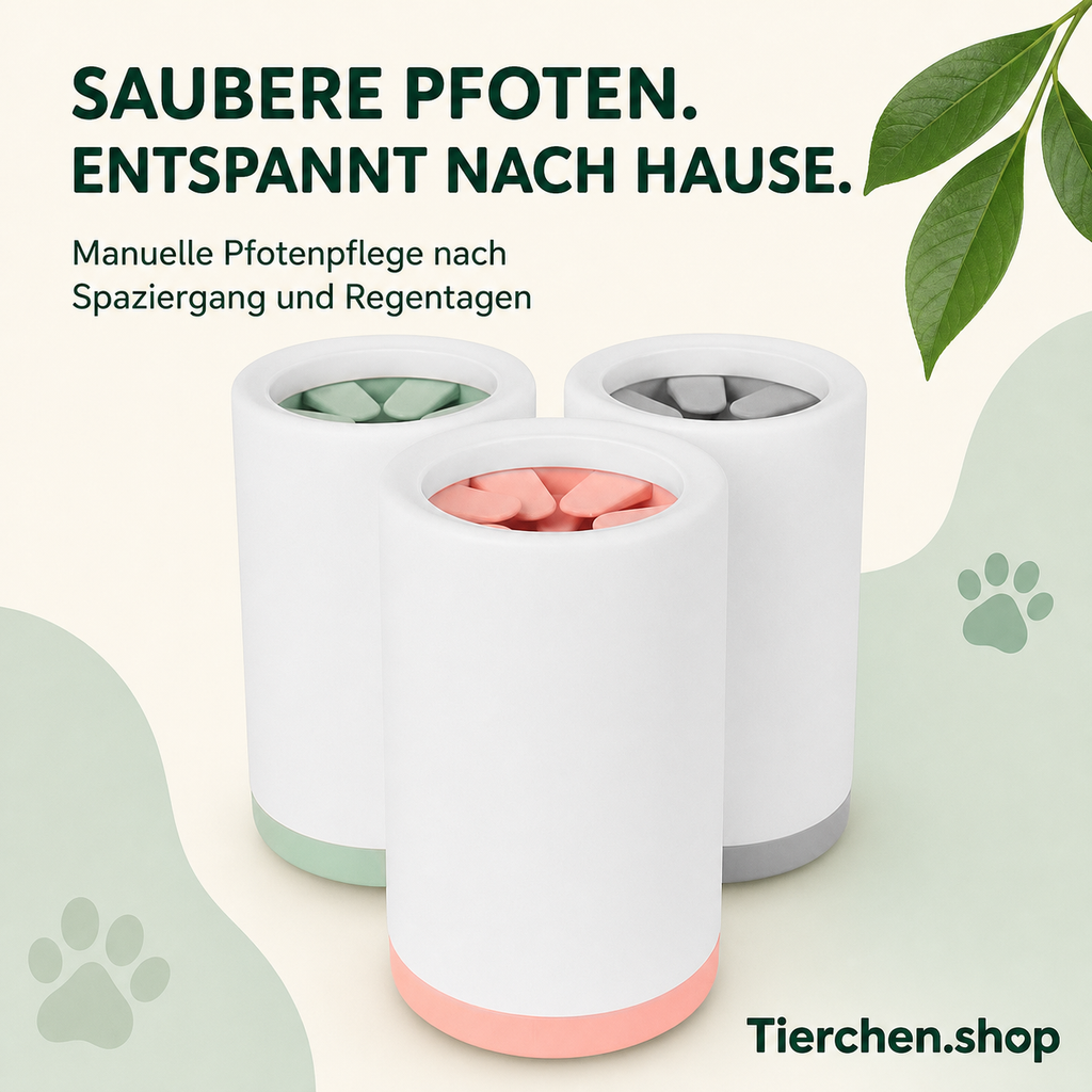 Tierchen Matschfrei Pfotenreiniger in Rosa, Grau und Grün mit deutscher Markenüberschrift