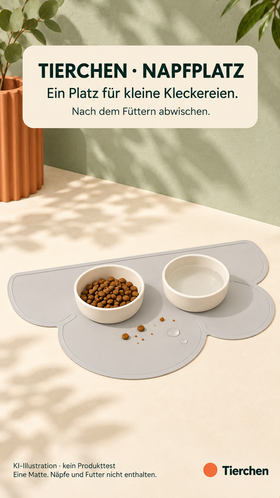 KI-Illustration: CJ-formtreue Graue Wolke als Unterlage für kleine Kleckereien; nach dem Füttern abwischen, eine Matte ohne Näpfe und Futter, kein Produkttest