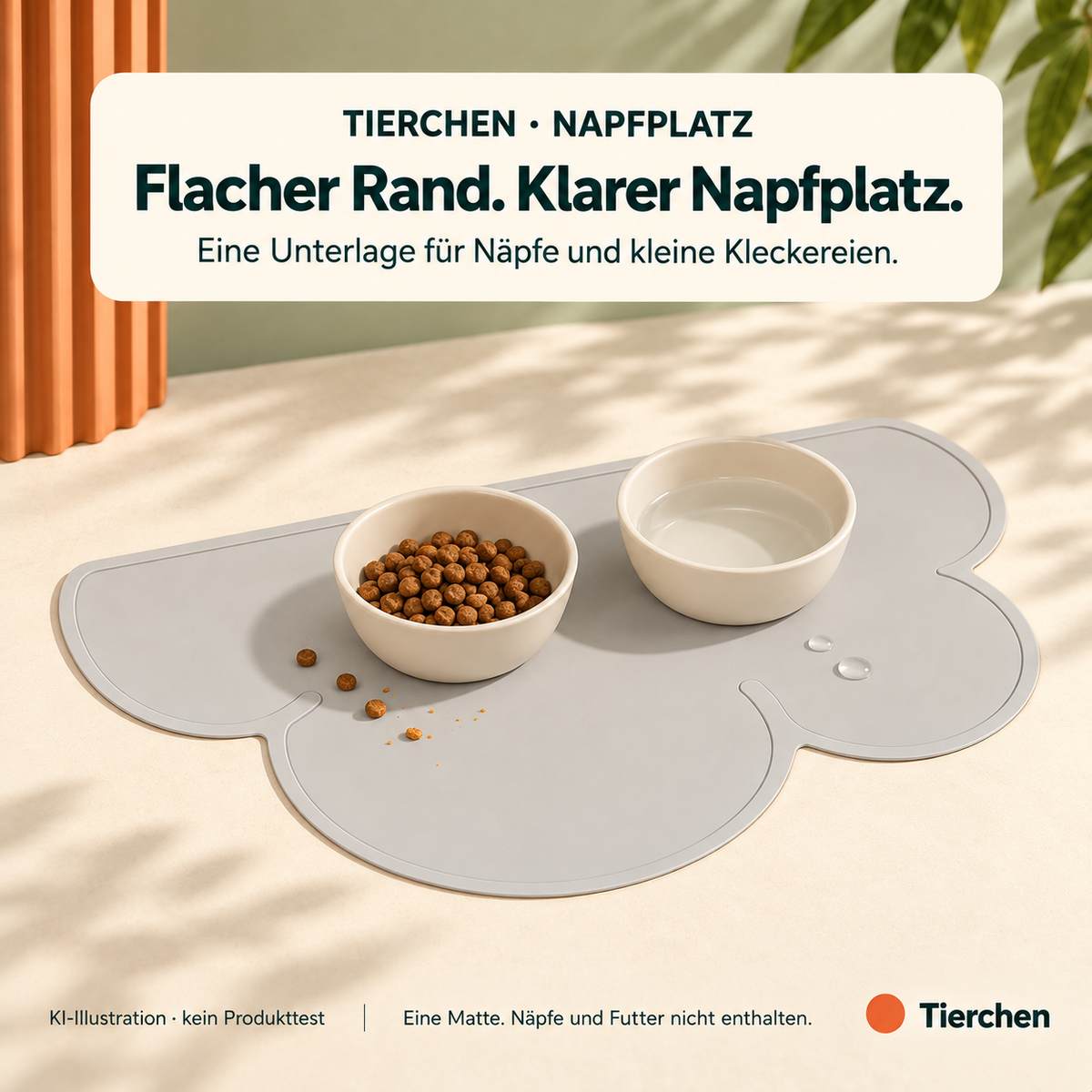 KI-Illustration: Napfplatz Graue Wolke mit flachem Rand und gerader oberer Kante; eine Unterlage für Näpfe und kleine Kleckereien, eine Matte ohne Näpfe und Futter, kein Produkttest