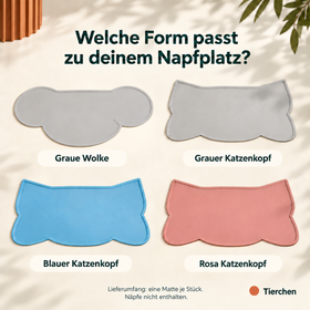 Napfplatz: graue Wolke und Katzenkopf in Grau, Blau oder Rosa. Lieferumfang: eine Matte je Stück; Näpfe nicht enthalten.