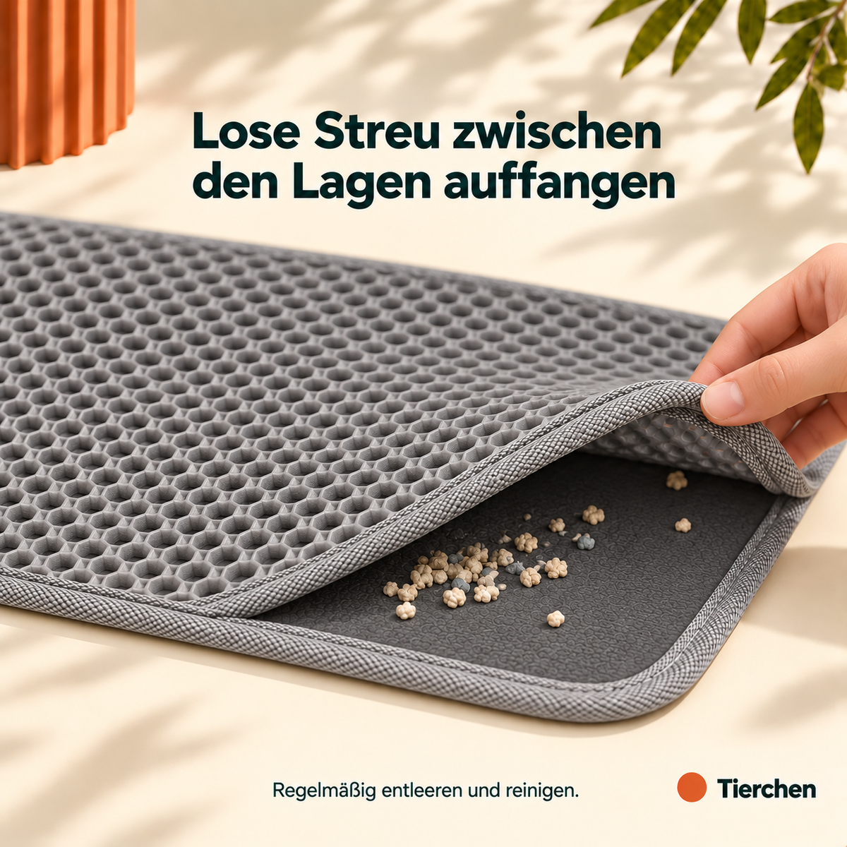 KI-Illustration nach Lieferantenangaben: flexible Wabenschicht und geschlossene Auffangunterlage der Streufrei-Matte