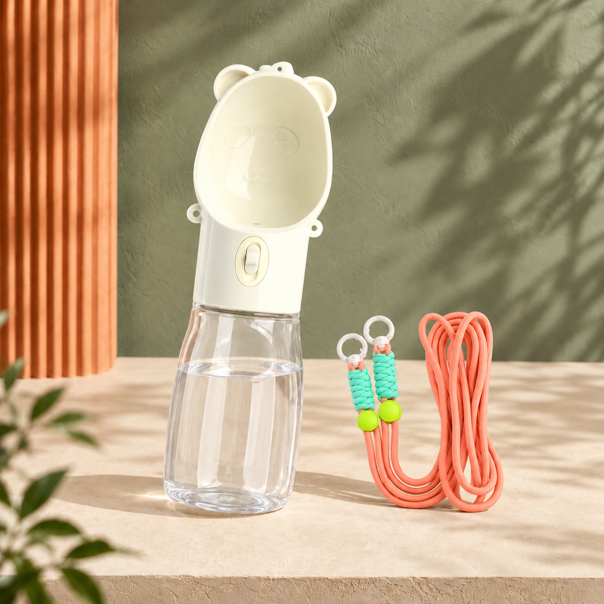 Unterwegs 380 ml Weiß: KI-Illustration der Wasserflasche mit durchgehendem klarem Behälter und korallfarbener Schulterkordel; ohne Futterfach