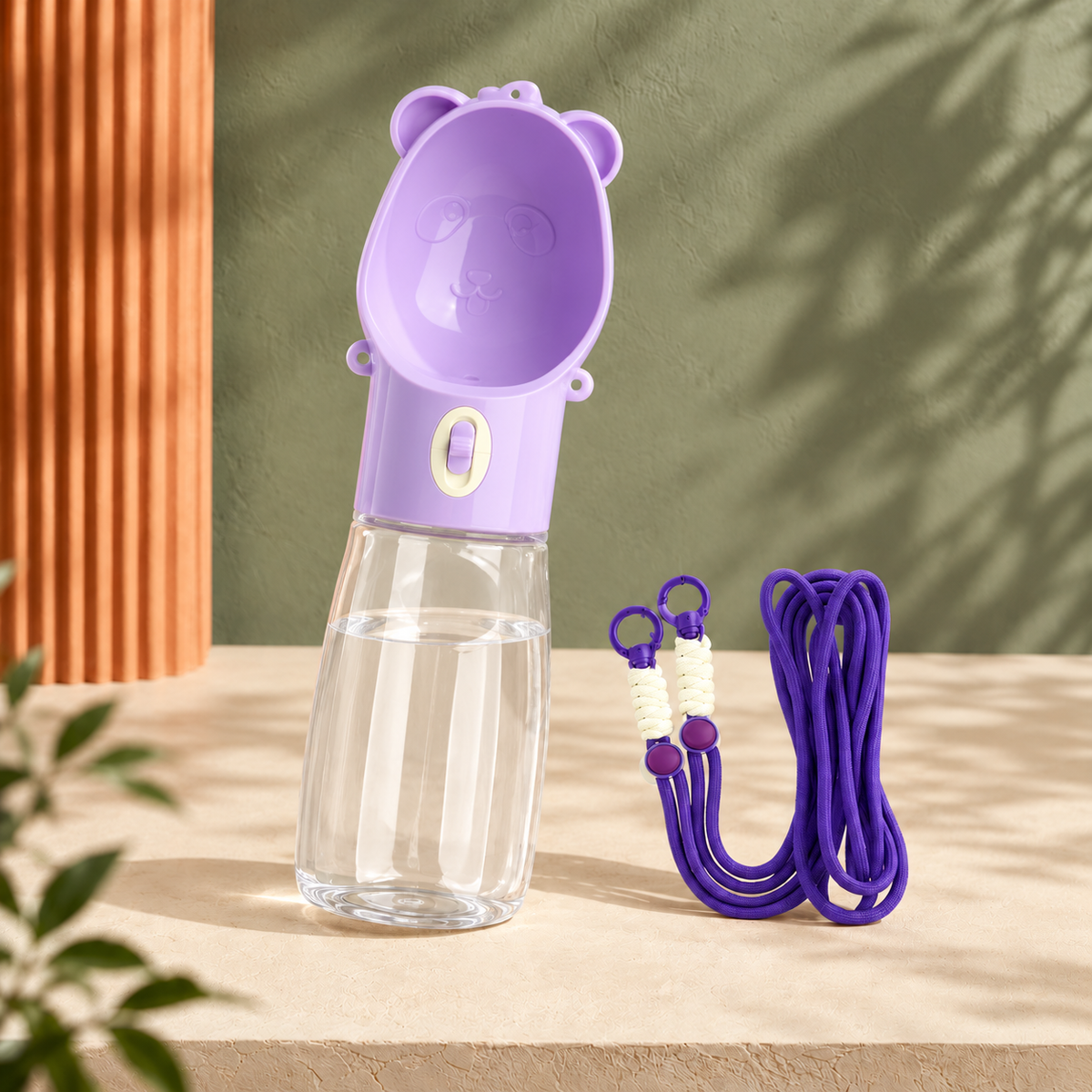Unterwegs 500 ml Lila: KI-Illustration der Wasserflasche mit längerem klarem Behälter und violetter Schulterkordel; ohne Futterfach