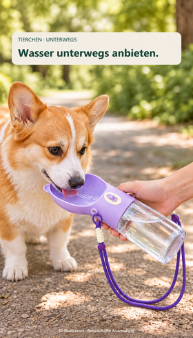 KI-Illustration: Corgi trinkt beispielhaft aus der Trinkmulde der lila 380-ml-Wasserflasche; klarer Behälter ohne Futterfach, kein Produkttest