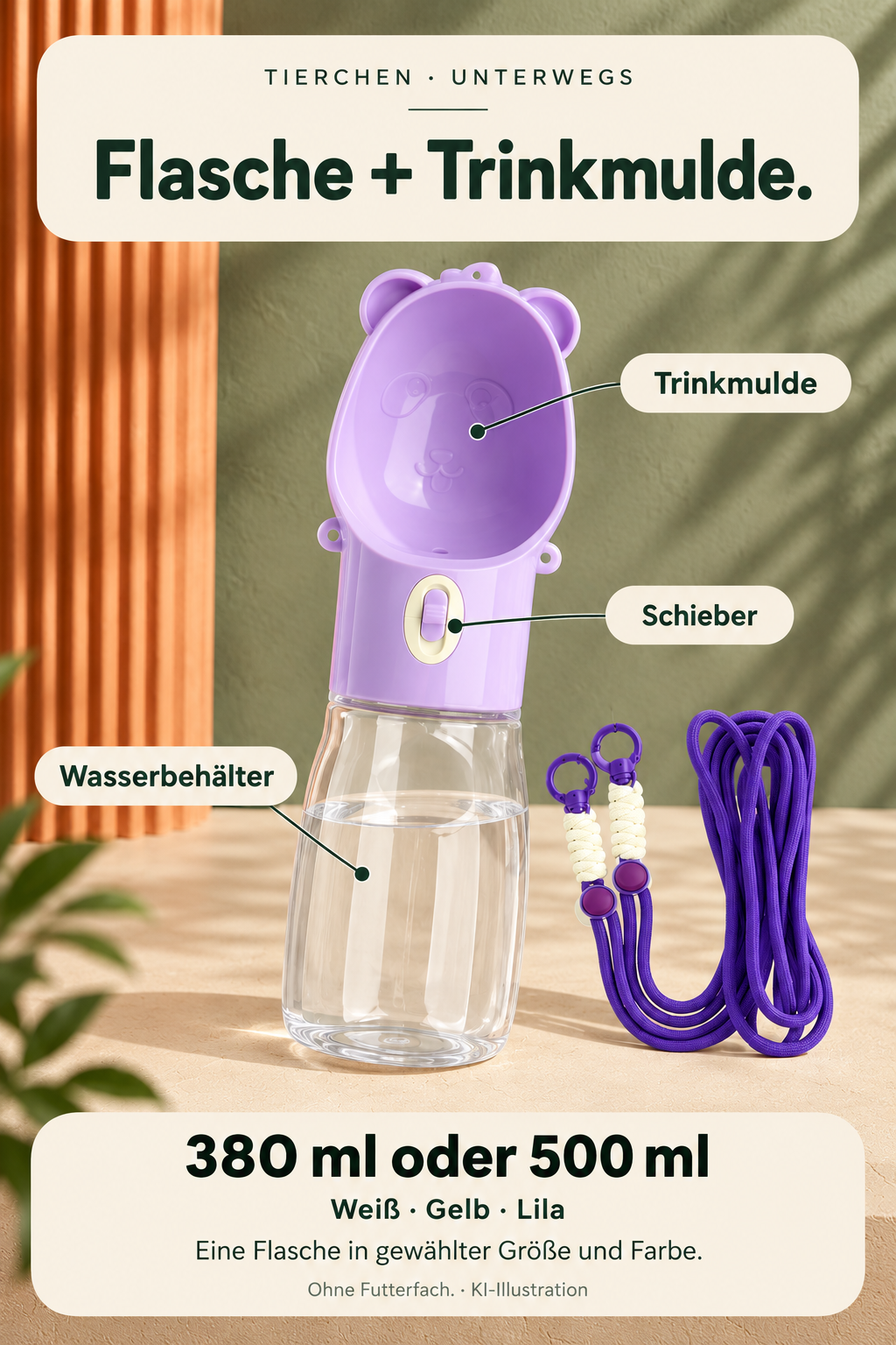 KI-Illustration: Unterwegs besteht aus Trinkmulde, Schieber, klarem Wasserbehälter und Schulterkordel; 380 oder 500 ml in Weiß, Gelb oder Lila, kein Futterfach